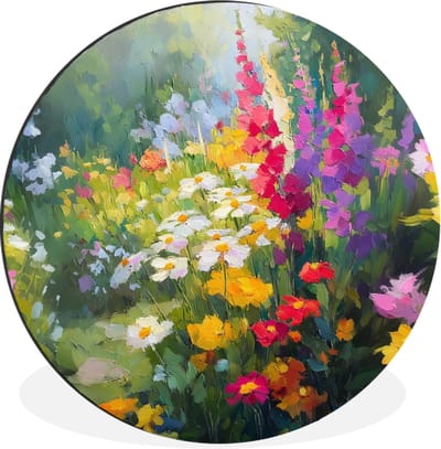 WallCircle - Wandcirkel - Muurcirkel - Zomertuin - Sfeervol - Bloemen - Aluminium - Dibond - 90x90 cm - Binnen en Buiten