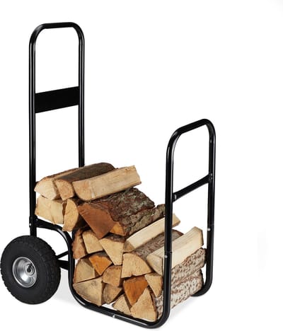 Haardhoutopslag - Houtopberging Kar met 2 wielen tot 60 kg - binnen & buiten - staal - grote houtopslag voor haardhout - zwart