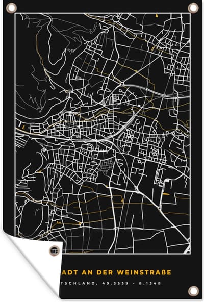 Muurdecoratie Goud – Duitsland – Plattegrond – Gold – Stadskaart – Kaart – Neustadt an der Weinstraße - 120x180 cm - Tuinposter - Tuindoek