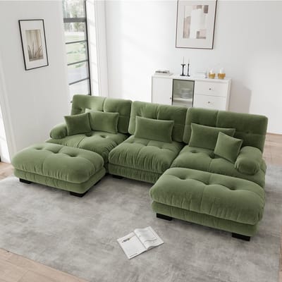 Luxe modulaire hoekbank - U-vormige woonkamerbank - slaapbank - met hocker - met lendenkussen en sierkussen - groen