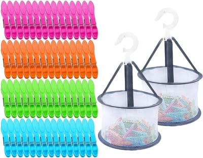 Set van 60 Winddichte Kledingknijpers met Mand - Kleurrijke Plastic Kledingclips voor Camping en Huishouden