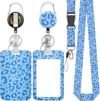 Stijlvolle Badgehouder met Blauwe Luipaardprint, Retractable Badge Reel en Afneembare Lanyard - Ideaal voor Werk en Onderwijs