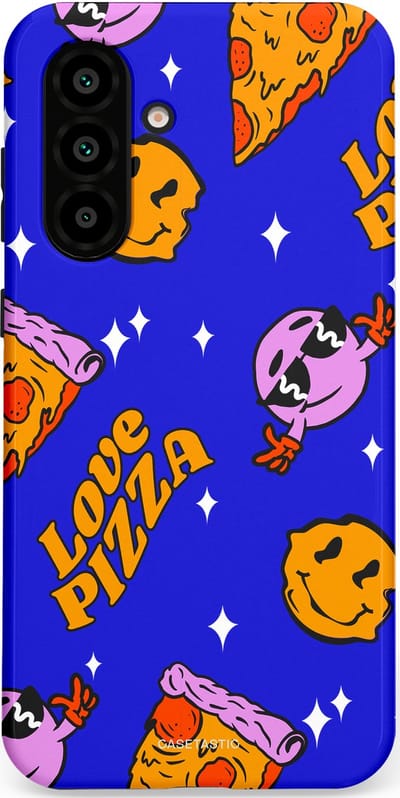 Casetastic hoesje geschikt voor Samsung Galaxy A36 / Samsung Galaxy A56 - Dubbellaagse bescherming - Funky Pizza - Fashion Case - Paars Okergeel Donkerblauw Bruin