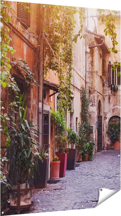 Gards Tuinposter Straatje in Rome met Groene Planten - 120x180 cm - Tuindoek - Tuindecoratie - Wanddecoratie buiten - Tuinschilderij