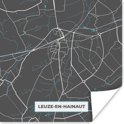 Poster Plattegrond – Leuze en Hainaut – Blauw – Stadskaart - Kaart - 100x100 cm XXL