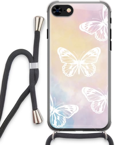 Case Company® - Hoesje met koord geschikt voor iPhone 7 hoesje met Koord - White butterfly - Telefoonhoesje met Zwart Koord - Bescherming aan alle Kanten en Over de Schermrand
