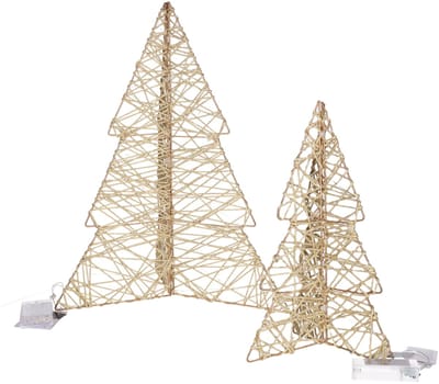 Countryfield lichtbomen - 2x st - 3D - 31 en 49 cm - goud - metaal - led verlichting - kerstbomen