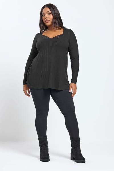 Yours Zwarte Geribbelde Top Met Kanten Inzetstuk Size 42