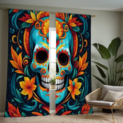 2 pièces HD Jour des Morts Mexicain Crâne de Sucre rideau Bleu Cordon rideau imprimé numérique Décoration de Maison style Décorer salon be W52H63inchW132H160cm blue
