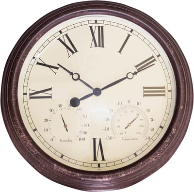 St. Helens Home & Garden Vintage Koper-look Tuinklok – Ø 38 cm – Thermometer & Hygrometer – Waterbestendig - Wandklok Voor binnen en Buiten