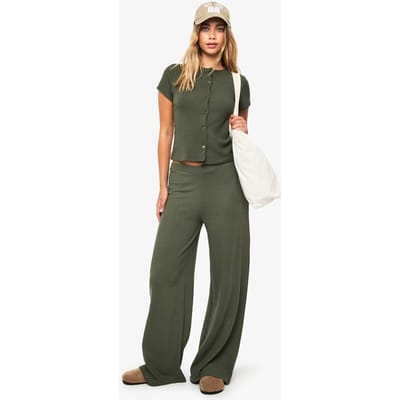 boohoo Dames Gerimpelde rib top met capmouwen en bijpassende broekset met knoopdoorloop | Kaki | Maat: 34
