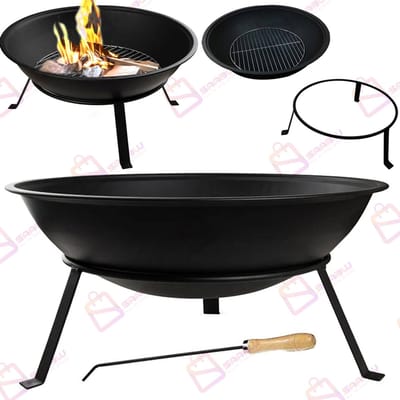 Tuin Vuurschaal Ø55 cm – Met Houten Pook & Metalen Standaard – Vuurkorf / Tuinhaard / BBQ Sfeerhaard – Weerbestendig Metaal – vuurton – vuurkorf voor buiten – terrashaard – 51864