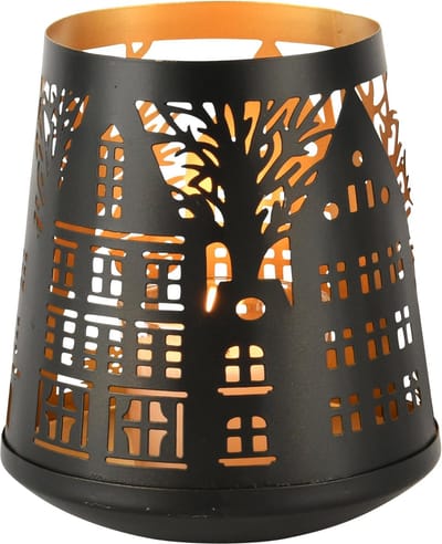 Dekoratief | Theelichthouder 'Dark Street', zwart/goud, metaal, 16x11x17cm | A248207