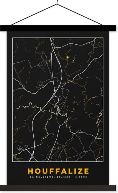 Posterhanger incl. Poster 40x60 cm - Schoolplaat - Houffalize - Goud - Stadskaart - Plattegrond - Kaart - Textielposter - Zwarte latten - Stadskaart