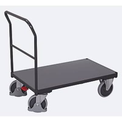 Duwbeugelwagen, staal/MDF-plaat, antracietgrijs/donkergrijs, L 880 x B 500 mm, met dwarsbeugel, TPE-wielen met EasySTOP, tot 400 kg