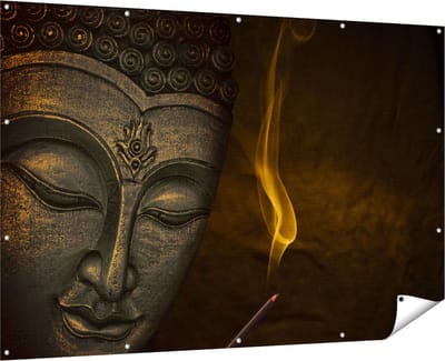 Gards Tuinposter Boeddha Beeld met Wierook - 180x120 cm - Tuindoek - Tuindecoratie - Wanddecoratie buiten - Tuinschilderij