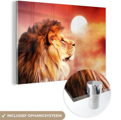 MuchoWow® Glasschilderij 30x20 cm - Schilderij acrylglas - Leeuwen - Zon - Rood - Foto op glas - Schilderijen