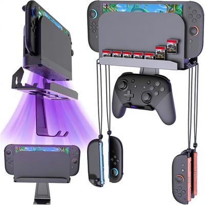 Muurbeugel voor Nintendo Switch en OLED, Metalen Houder met 4 Joy-Con Haken en 5 Kaartsleuven, Ideaal voor TV-achtergrond en Efficiënte Warmteafvoer