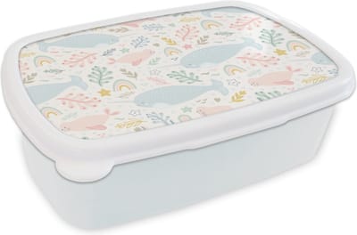 Broodtrommel Wit - Lunchbox - Brooddoos - Narwal - Zeehond - Regenboog - Dieren - 18x12x6 cm - Volwassenen