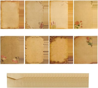 Vintage Schrijfpapier en Enveloppen Set, 48 Stuks, Kraft Papier voor Bruiloften, Uitnodigingen en Wenskaarten, 8 Stijlen, Inclusief 24 Enveloppen (24 x 14.5 cm)