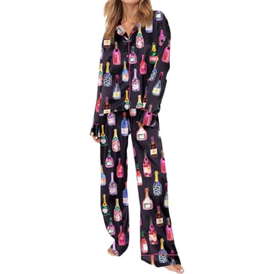 Dames Satijnen Pyjama Sets 2-delige Set Champagnefles Wijnglazen Lange Mouw Knoophemd Broek Satijn Zijde Loungewear L zwart