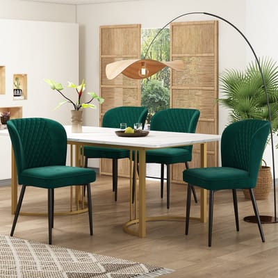 MODFU - Eethoekset - 4 Gestoffeerde Stoelen Met Rugleuning - Modern - Voor Eetkamer - MDF En Fluweel - Groen/Wit - 140 x 80 cm