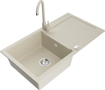 Mexen Leo granieten spoelbak met 1 bak, afdruiprek en keukenmengkraan Telma, beige - 6501-69-670200-69
