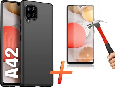 Hoesje geschikt voor Samsung Galaxy A42 Hoesje - Zwart Siliconen Case - Matte Coating - 1x Tempered Glass Screenprotector - Epicmobile