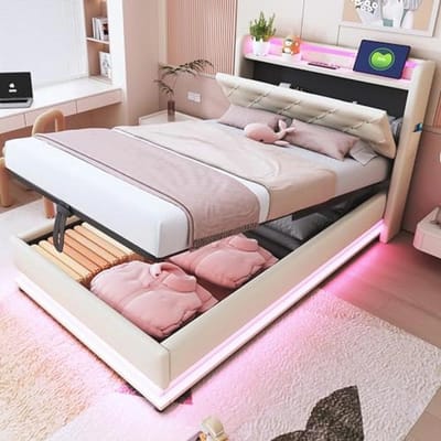 Bed 90 x 200 cm met ledverlichting en USB-oplader, opklapbaar en gestoffeerd met opbergruimte, eenpersoons bedframe voor tieners