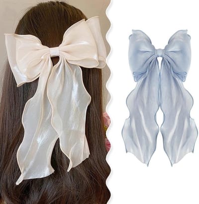 Dailygoods- Haarstrikclip Grote Formaat - 2 Stuks - Zijden Satijnen Strik - Franse Dubbele Lagen - Comfortabele Veerclips - 25 cm Lang - Haaraccessoire