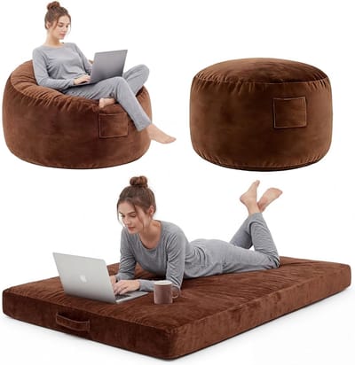 Grote 4-in-1 Omvormbare Zitzak & Loungebed - Met Traagschuim Vulling en Wasbare Hoes - Zacht Flanel - 112x112 cm - bruin
