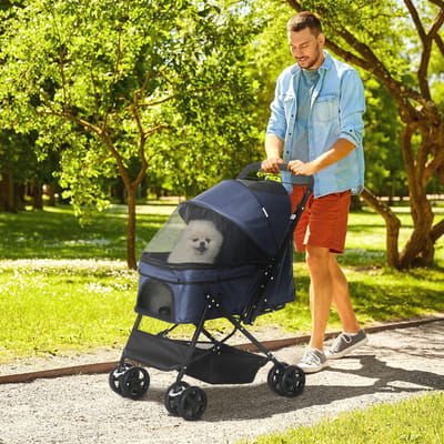 MODFU - Huisdierenbuggy - Verstelbare Kap - Mesh-vensters - 360° Zwenkwielen - Vouwbaar - Polyester - Blauw - 76,5X52X95 Cm