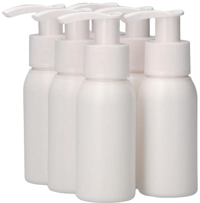 6 x 50 ml ronde fles HDPE wit + Zeepfles Dispenserpomp wit - BPA Vrij - Niet Breekbaar - Plastic Flesjes Navulbaar - Met Dop - Lege Flessen - 6 stuks