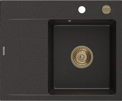 Mexen Ben granit gootsteen 1-bak met afdruiprek, rechts 600 x 500 , zwart/goud metallic, gouden sifon - 6523605000-75-G
