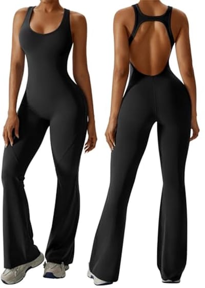 Dames Flared Jumpsuit - Backless Bodycon, Mouwloos, Sexy Yoga Unitard, V-Hals, Fitness, Verwijderbare Padding, Hollow Racerback