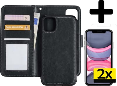 Hoesje - 2 in 1 - Geschikt voor Apple iPhone 11 - Met 2x Screenprotector - En Uitneembare Hard Cover - Bookcase - Wallet Case - Met Pasjeshouder - Book Case - Uitneembaar - Pashouder - Kunstleer - Telefoonhoesjes - Zwart