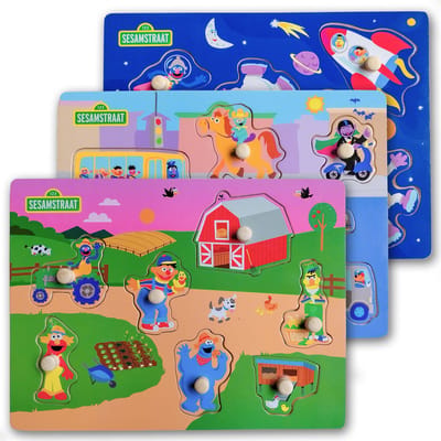 Sesamstraat Houten Legpuzzel Bundel – 3 Puzzels – Ruimte, Boerderij & Voertuigen – 30 x 22,5 cm – Knoppuzzel voor Kinderen - Vanaf 1 jaar - 2 jaar - Uitdeelcadeaus