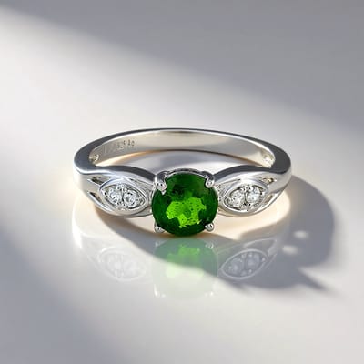 Cavill - 925 Sterling Zilver Ring met Platina - 0,88 ct Russische Groene Diopsied & 0,08 ct Cambodjaanse Zirkonia - Elegante Damesring