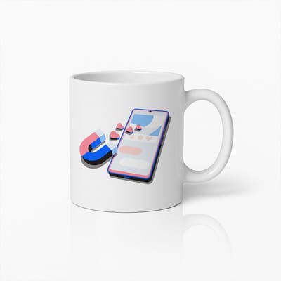 Schattige Illustratie van Magnetische Telefoon en Hartjes Mok – Uniek Cadeau voor Tech- en Liefdesliefhebbers