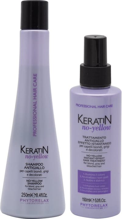Phytorelax Zilvershampoo en Zilver Spray Set met Paars Pigment – Keratine No-Yellow tegen Gele Tinten – Blond, Grijs en Gebleekt Haar – 400 ml