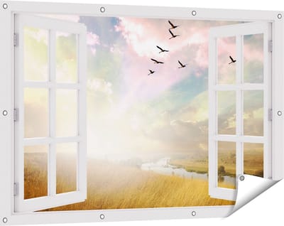 Gards Tuinposter Doorkijk Groep Vogels Vliegen Boven het Gras - 120x80 cm - Tuindoek - Tuindecoratie - Wanddecoratie buiten - Tuinschilderij