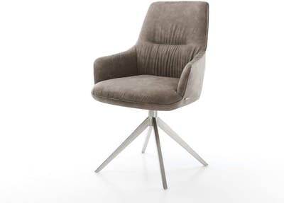 Eetkamerstoel Zelia-Flex met armleuning kruisframe breed roestvrij staal microvelours taupe vintage 360° draaibaar rocker-functie pocketveer kern