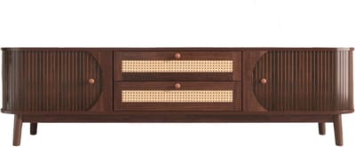 VIEMAE TV Meubel - TV kast - TV Meubel hout - TV kast met deuren en laden - Japandi - Walnoot, donker hout, rotan - 170x39.5x46cm