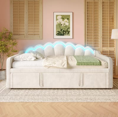 MIVRAY Slaapbank 90x200cm 180x200cm - Zonder Matras Met Uitschuifbed en Kleurveranderende Ledverlichting - Fluweel en MDF - Beige