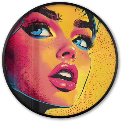 Poster in lijst Rond - Fotolijst 60x60 cm - Posters - Close-up - Vrouwengezicht - Stippen - Geel - Ronde posterlijst zwart - Decoratie - Wanddecoratie woonkamer - Muurdecoratie slaapkamer