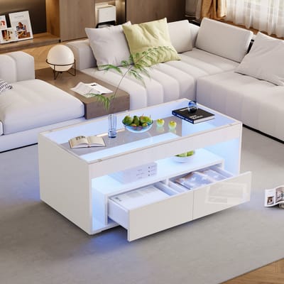 Wishdor Salontafel 100×50×40 cm Hoogglans Wit met LED‑Appbesturing, 2 Laden & Gehard Glas, Dubbel‑laag