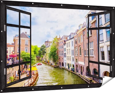 Gards Tuinposter Doorkijk Huizen aan de Oudegracht in Utrecht - 180x120 cm - Tuindoek - Tuindecoratie - Wanddecoratie buiten - Tuinschilderij