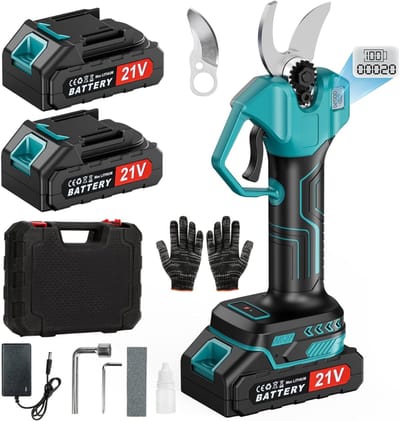 TIM® Professionele Elektrische Snoeischaar – Takkenschaar 30mm – Electrische Snoeischaar met Accu 2x - Zwart/Turkoois - 34cm x 26cm x 1cm