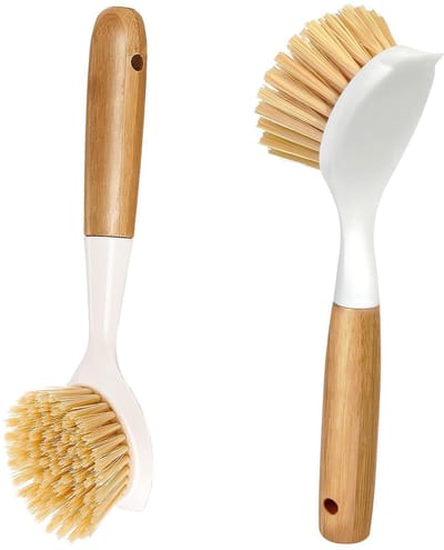 Afwasborstel, schrobborstel, houten afwasborstel met antislip handgreep, keukenborstel voor gecoate pannen, potten, spoelreiniging