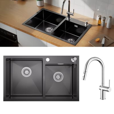 Auralum max 75x45cm Spoelbak - Met keukenkraan met uittrekbare uitloop - met 2 roestvrij stalen waskommen - 2 spoelbakken met zeepdispenser 300ml - afvoer en sifon